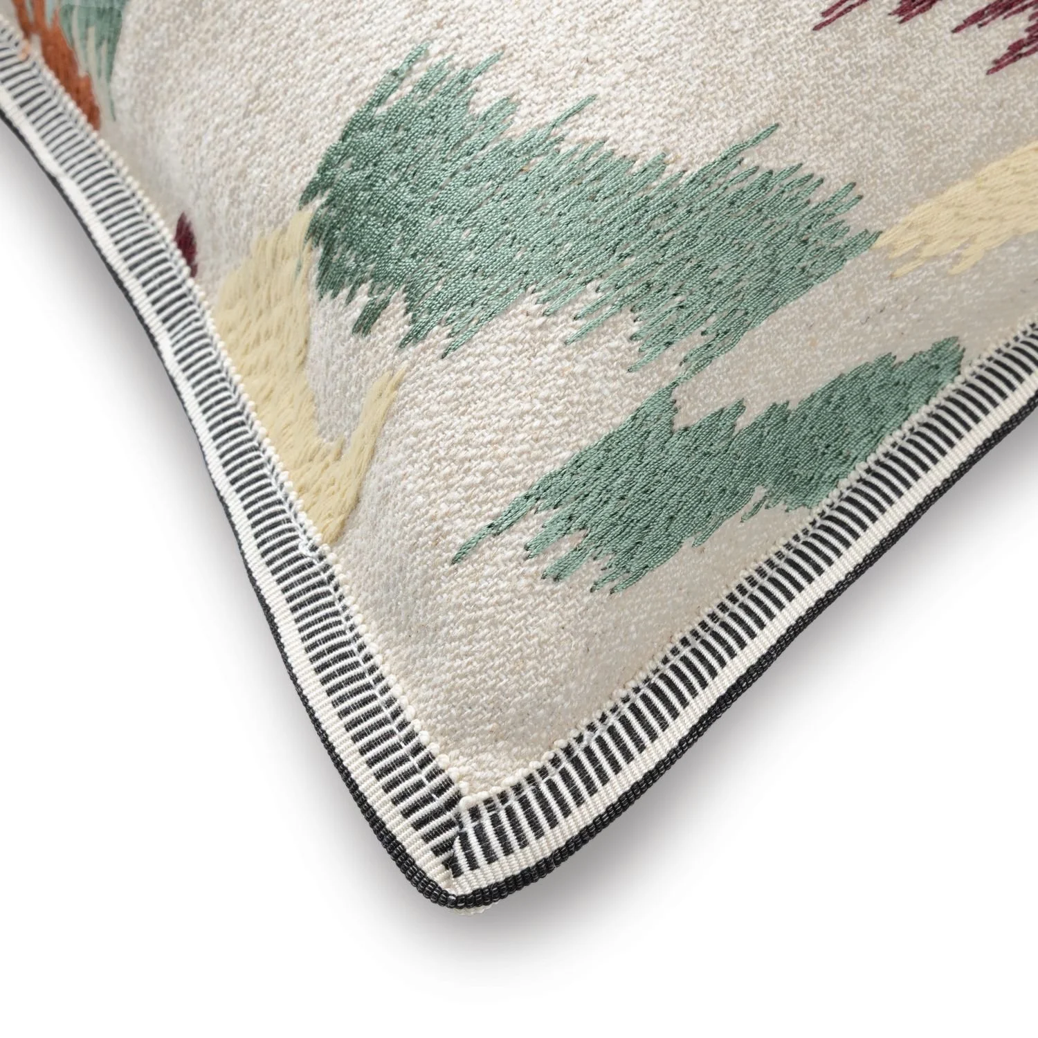 Maison Casamance Benang Multico bolster cushion, close up of the edge and fabric