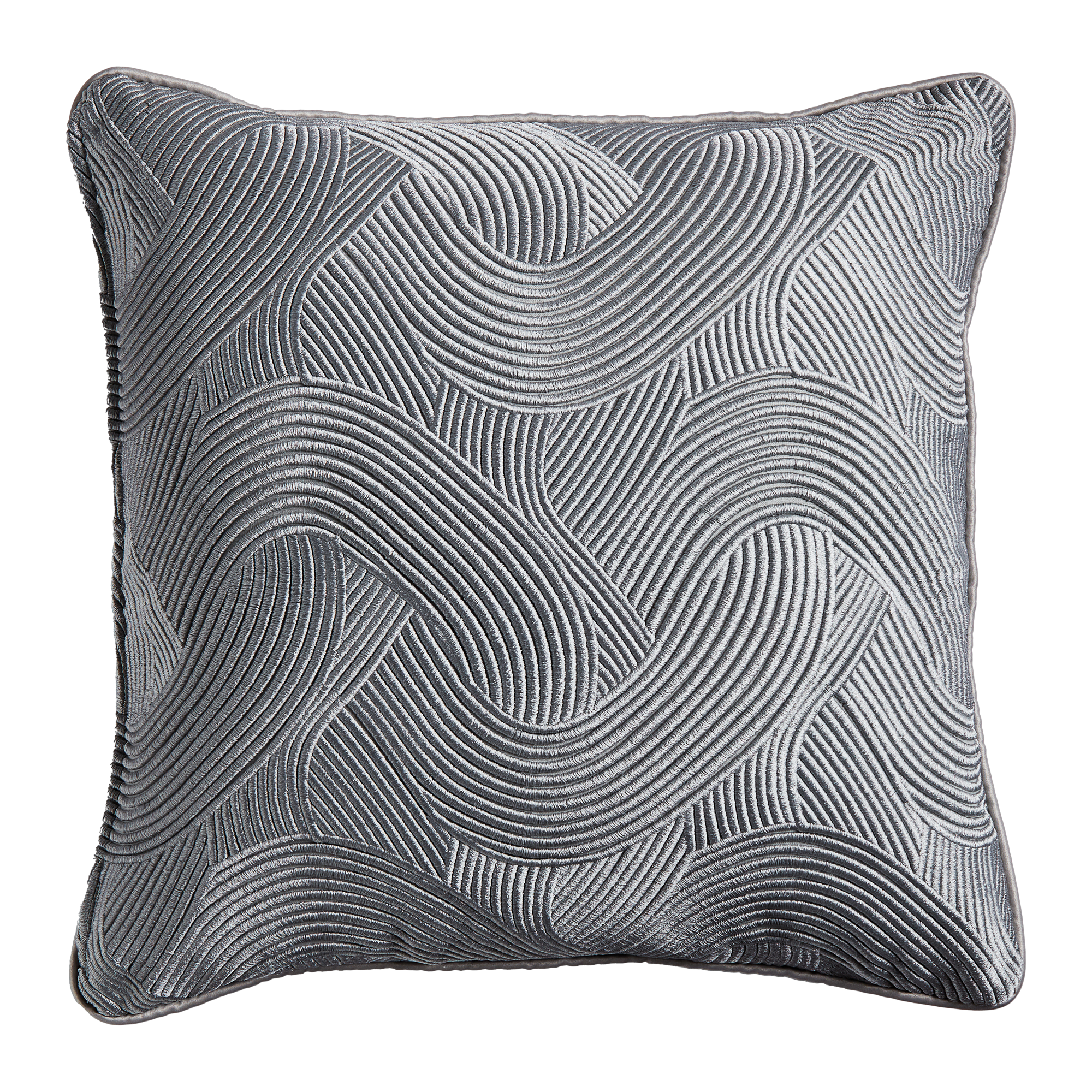 Swing Ice Blue silver grey cushion with white curving cord embroidery, Chase Erwin