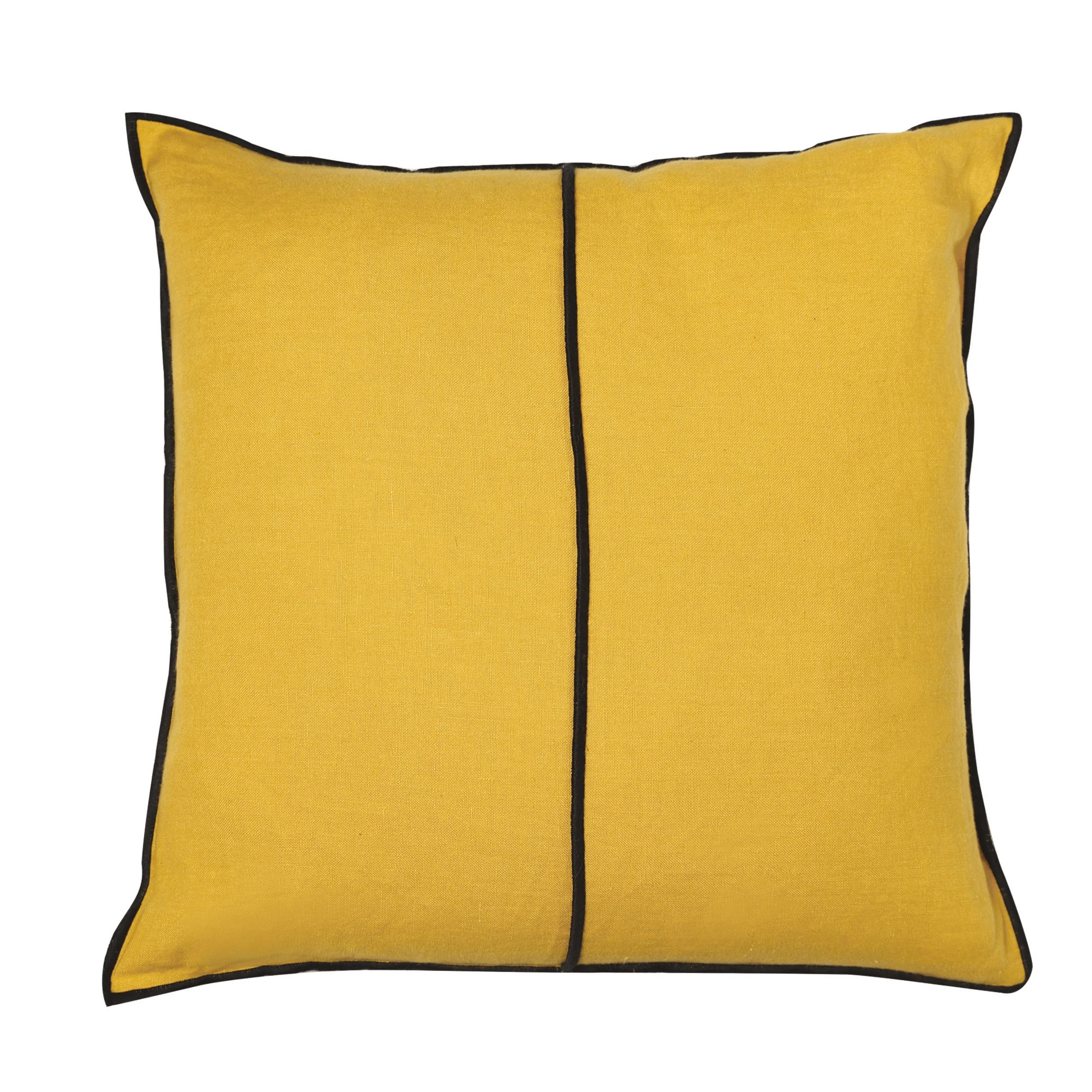 Maison Casamance Linen Moutarde cushion, 65 × 65 cm square, front view with black bourdon stitch