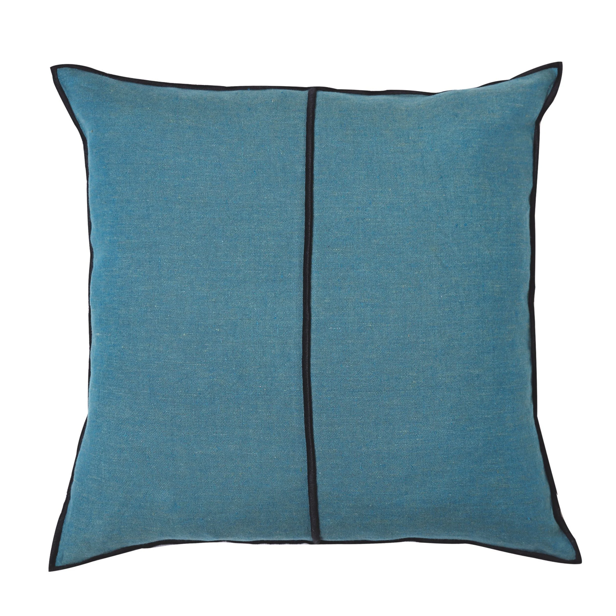 Maison Casamance Linen Emeraude cushion, 65 × 65 cm square, front view with black bourdon stitch