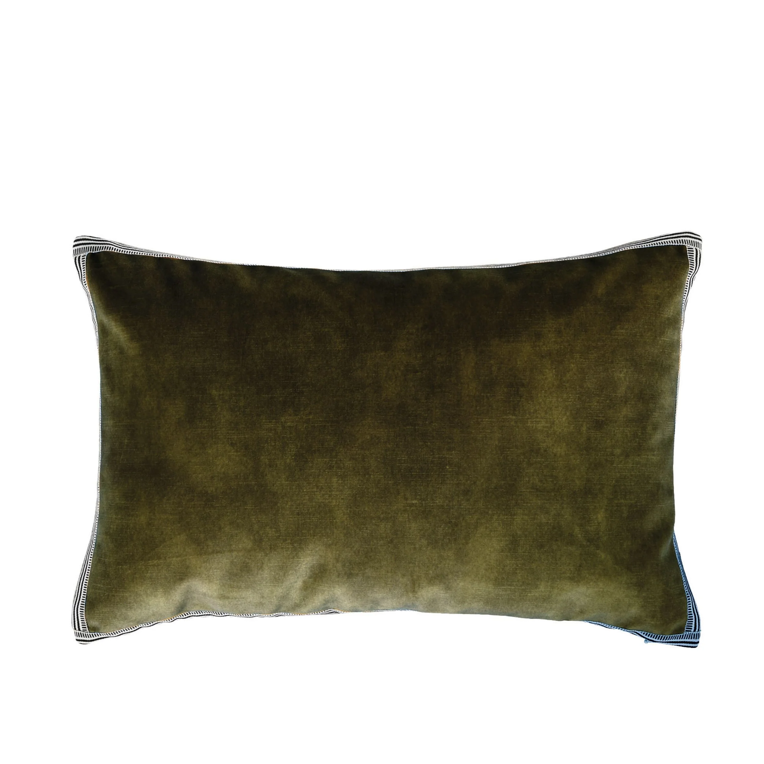 Maison Casamance Manade Vert Olive velvet cushion, 40 × 60 cm rectangle, front view with braid edge