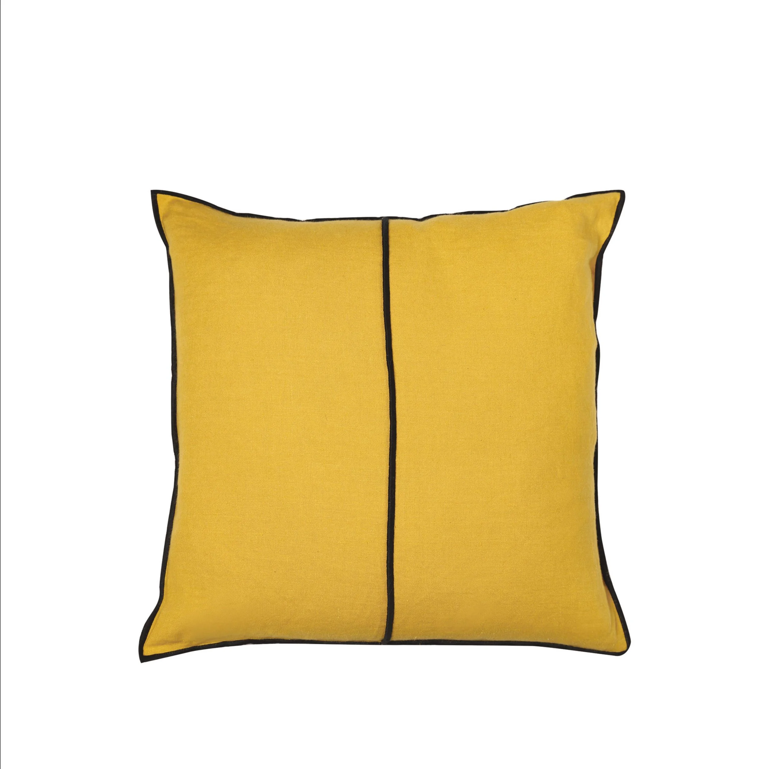 Maison Casamance Linen Moutarde cushion, 45 × 45 cm square, front view with black bourdon stitch