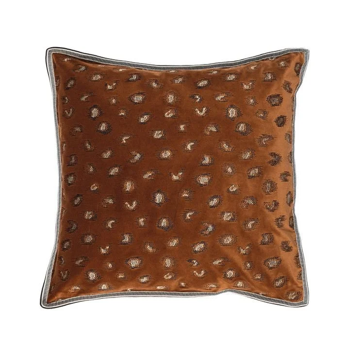 square velvet with animal print embroidered cushion terracotta