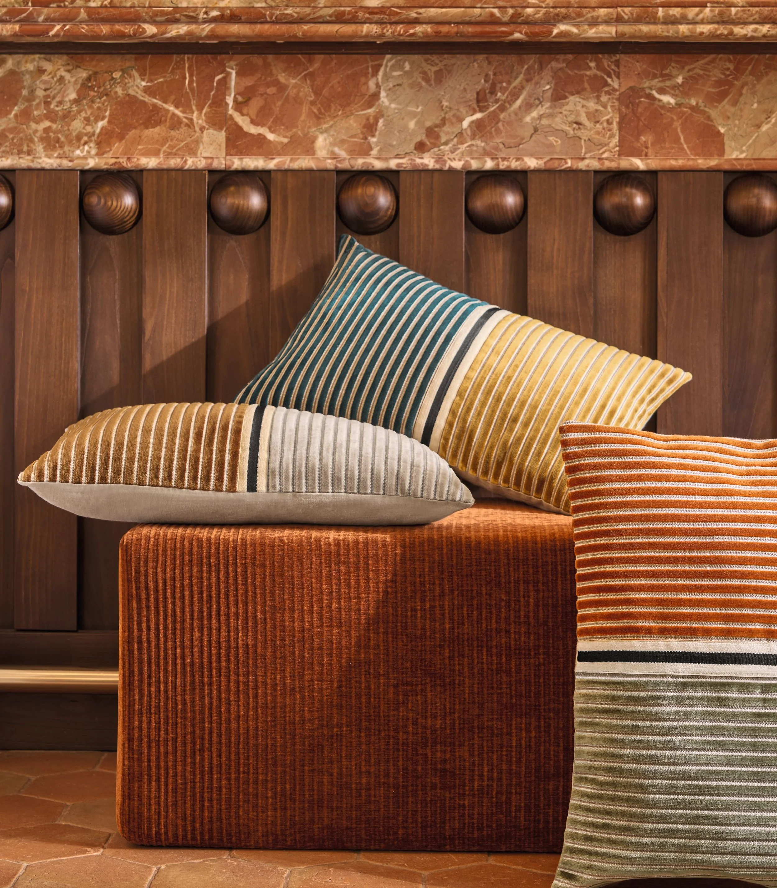 Maison Casamance cushions, styled, including Moutarde Topaze
