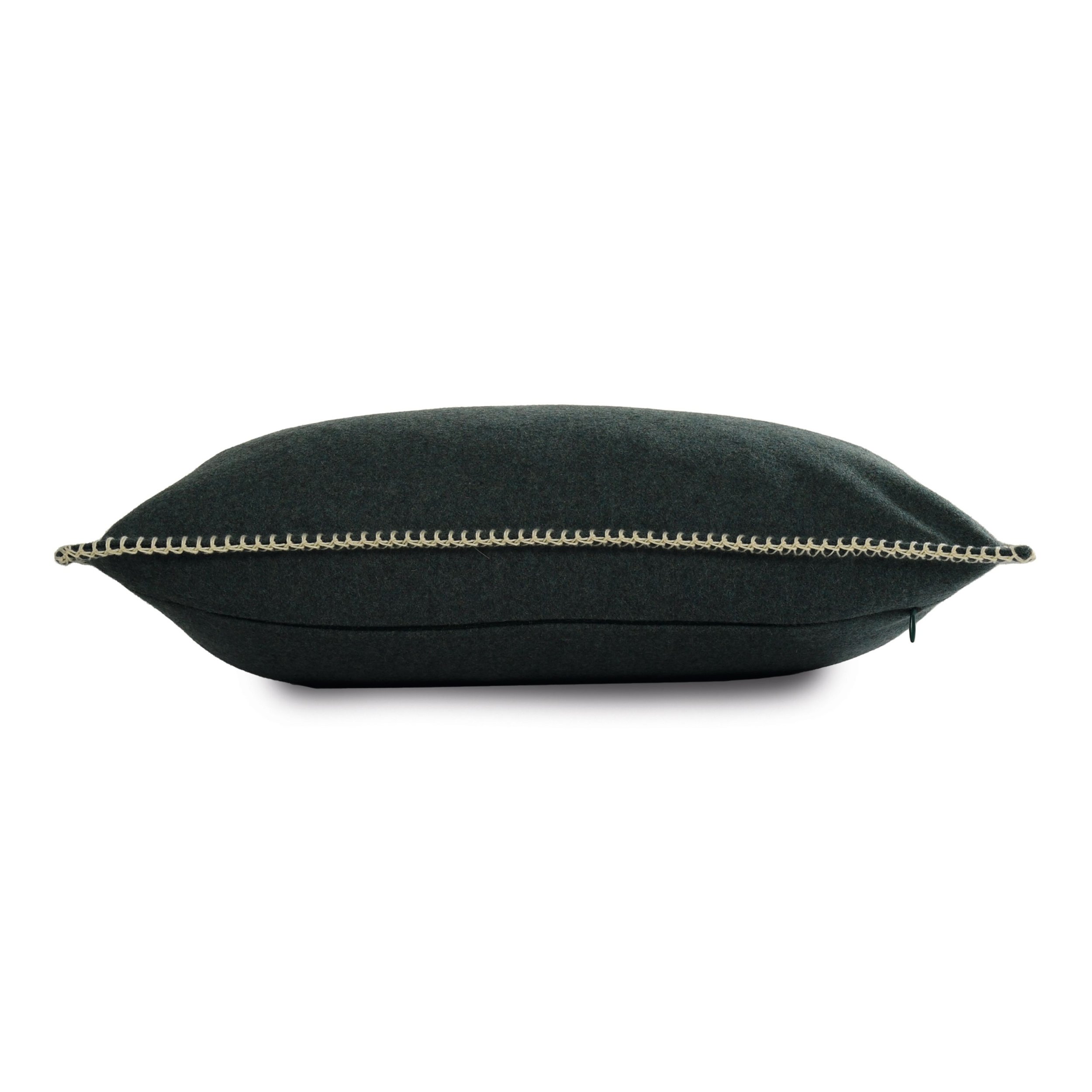 Side view of the Maison Casamance Arthur's Seat Vert imperial cushion showing the blanket stitch edge