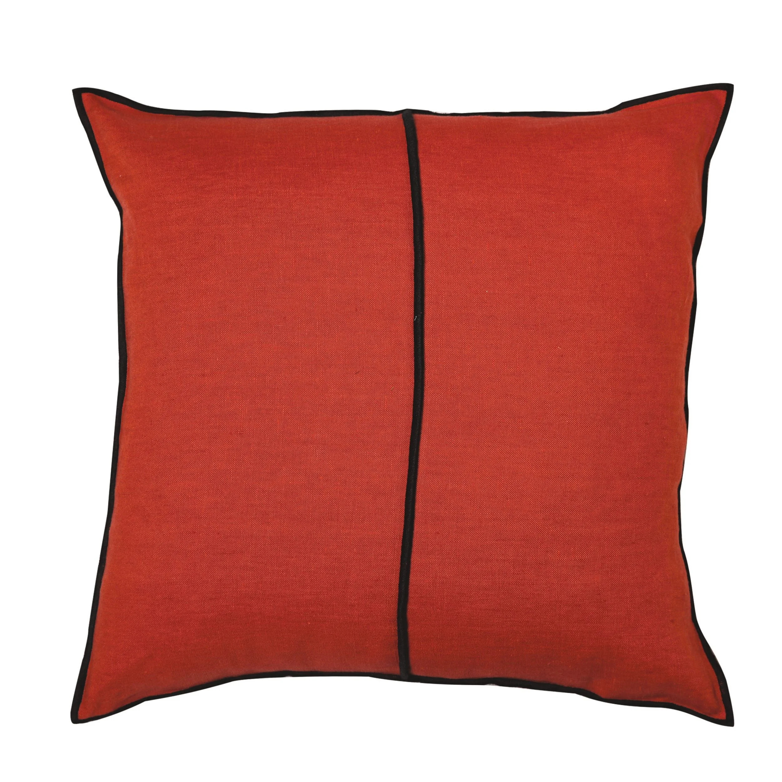 Maison Casamance Linen Orange sanguine cushion, 65 × 65 cm square, front view with black bourdon stitch