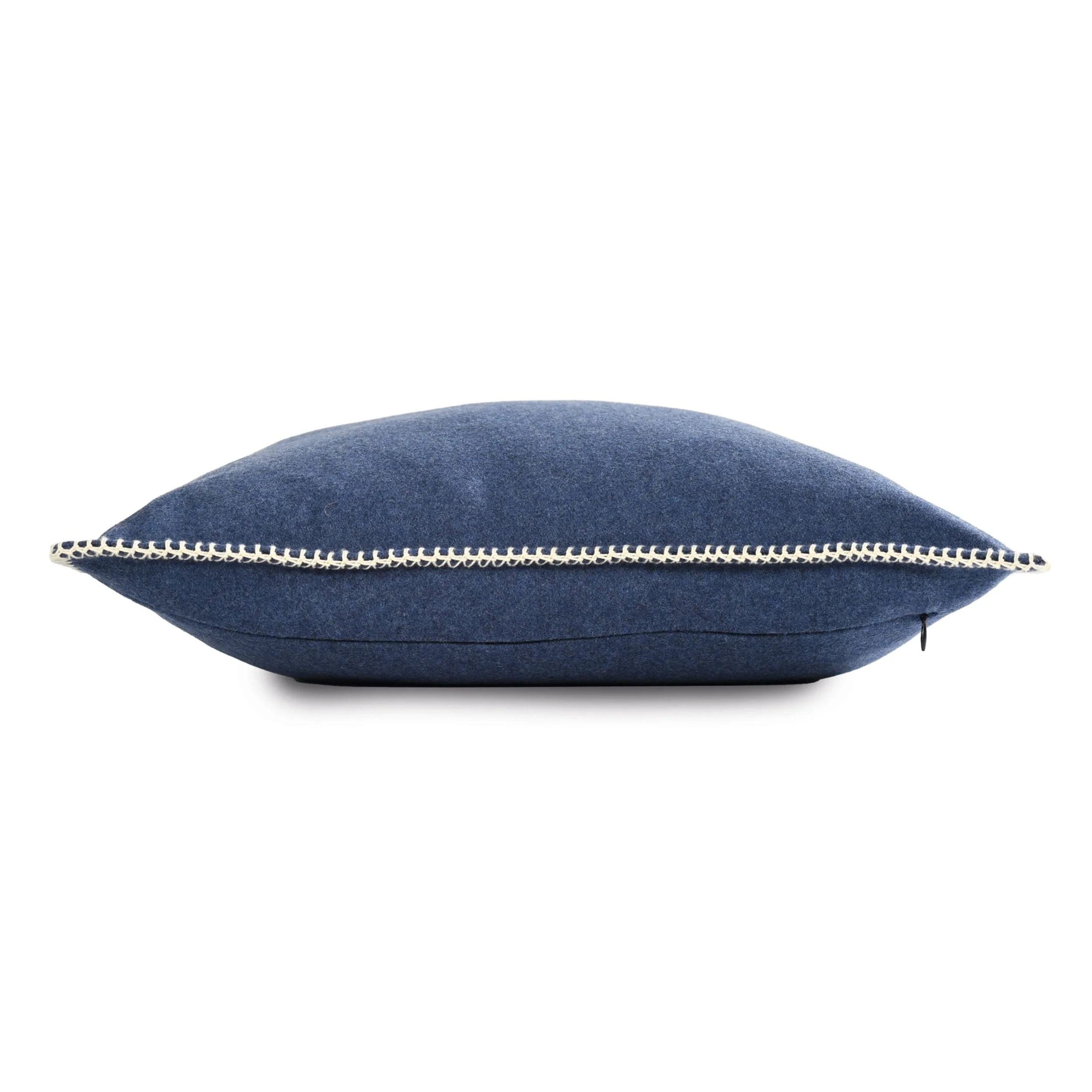 Side view of the Maison Casamance Arthur's Seat Cobalt cushion showing the blanket stitch edge