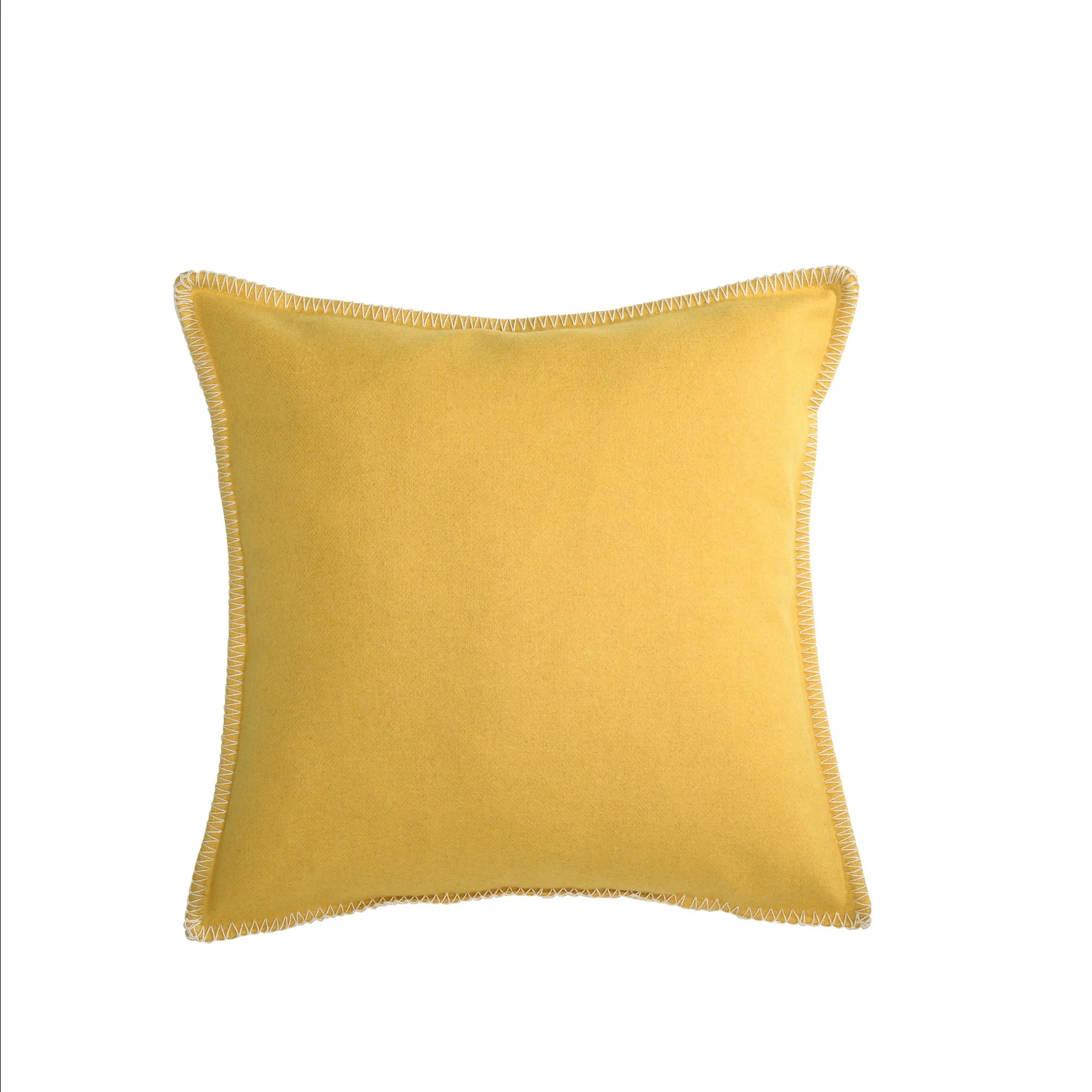 Maison Casamance Arthur's Seat Mustard wool cushion, 45 × 45 cm, with contrast blanket stitch edge, front view