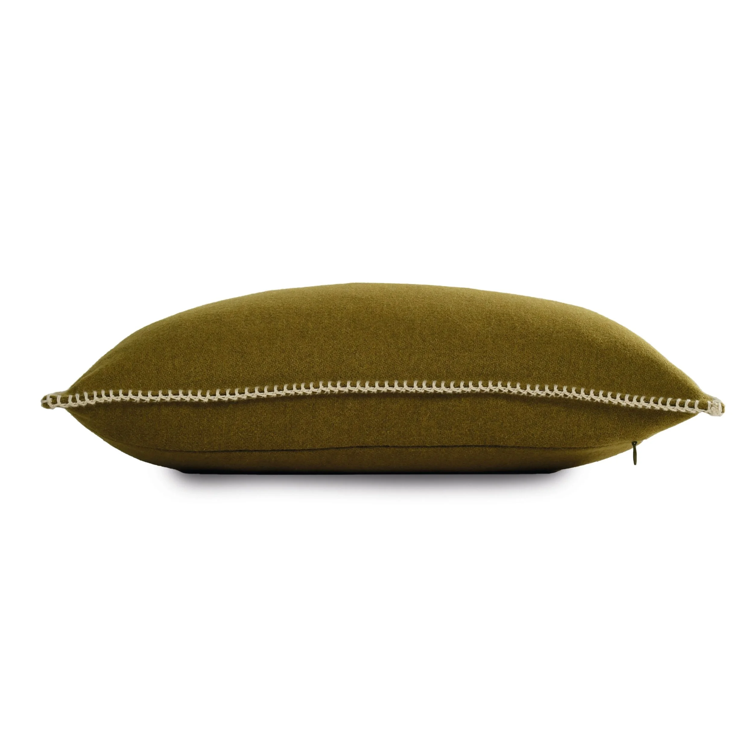 Side view of the Maison Casamance Arthur's Seat Bronze cushion showing the blanket stitch edge