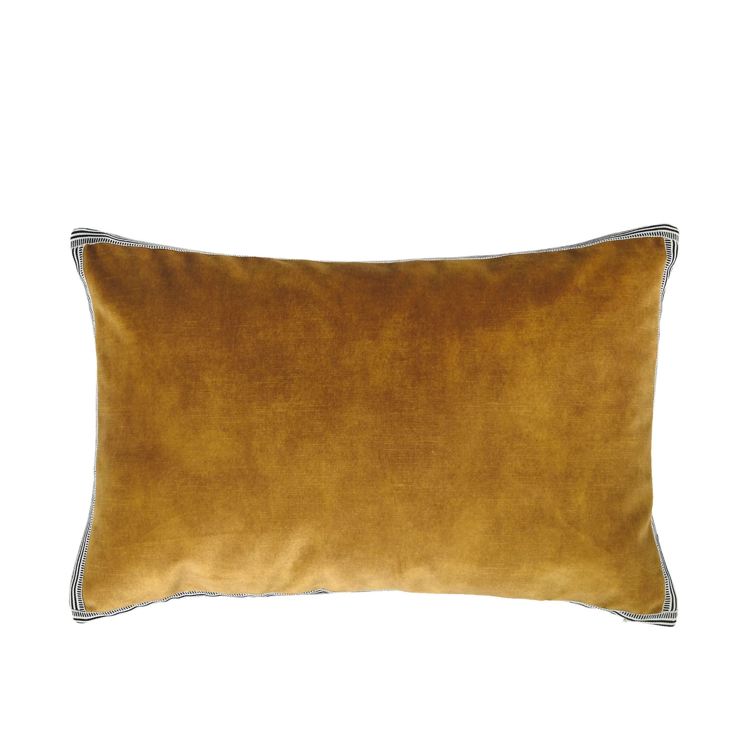 Maison Casamance Manade Jaune Or velvet cushion, 40 × 60 cm rectangle, front view with braid edge