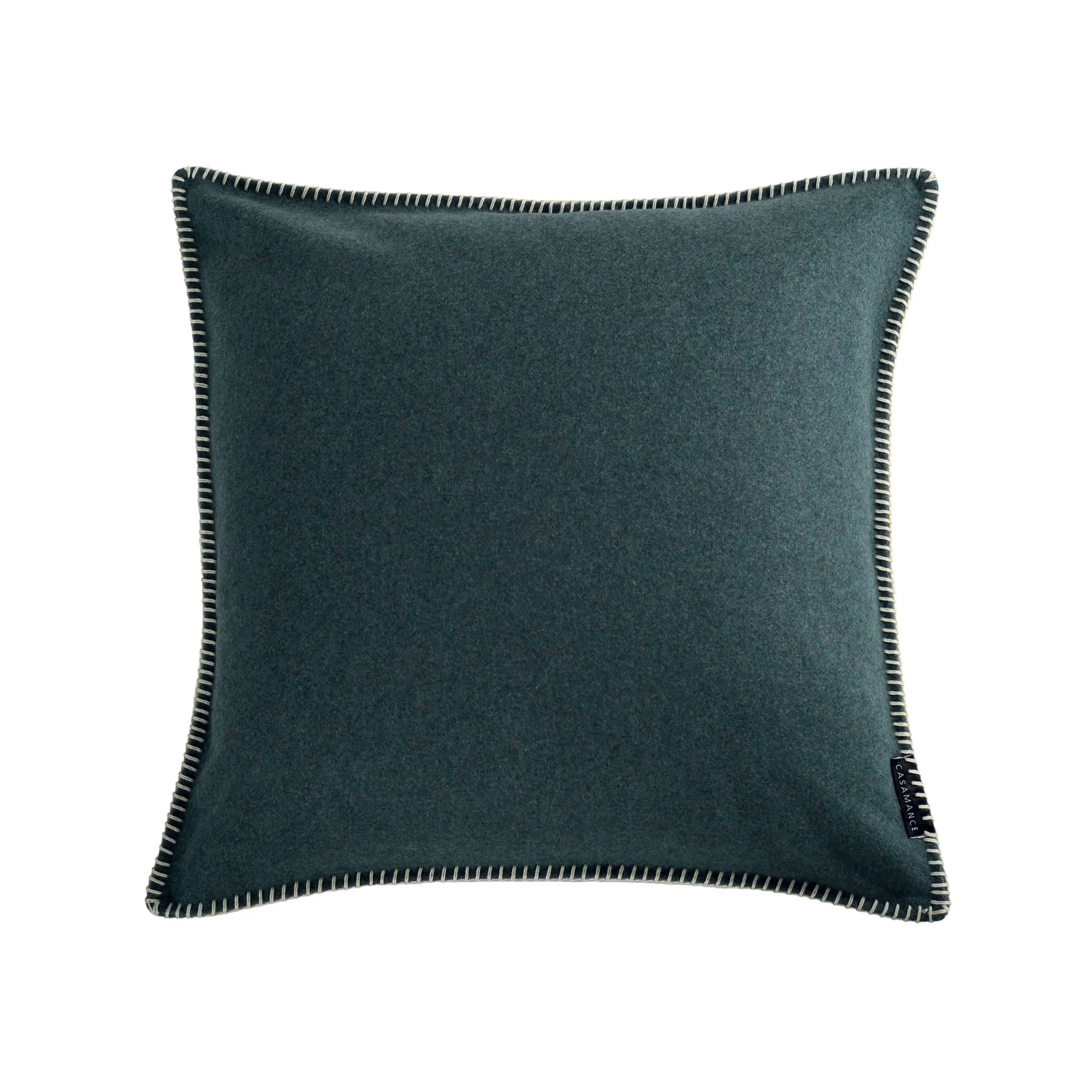 Maison Casamance Arthur's Seat Vert imperial wool cushion, 45 × 45 cm, with contrast blanket stitch edge, front view