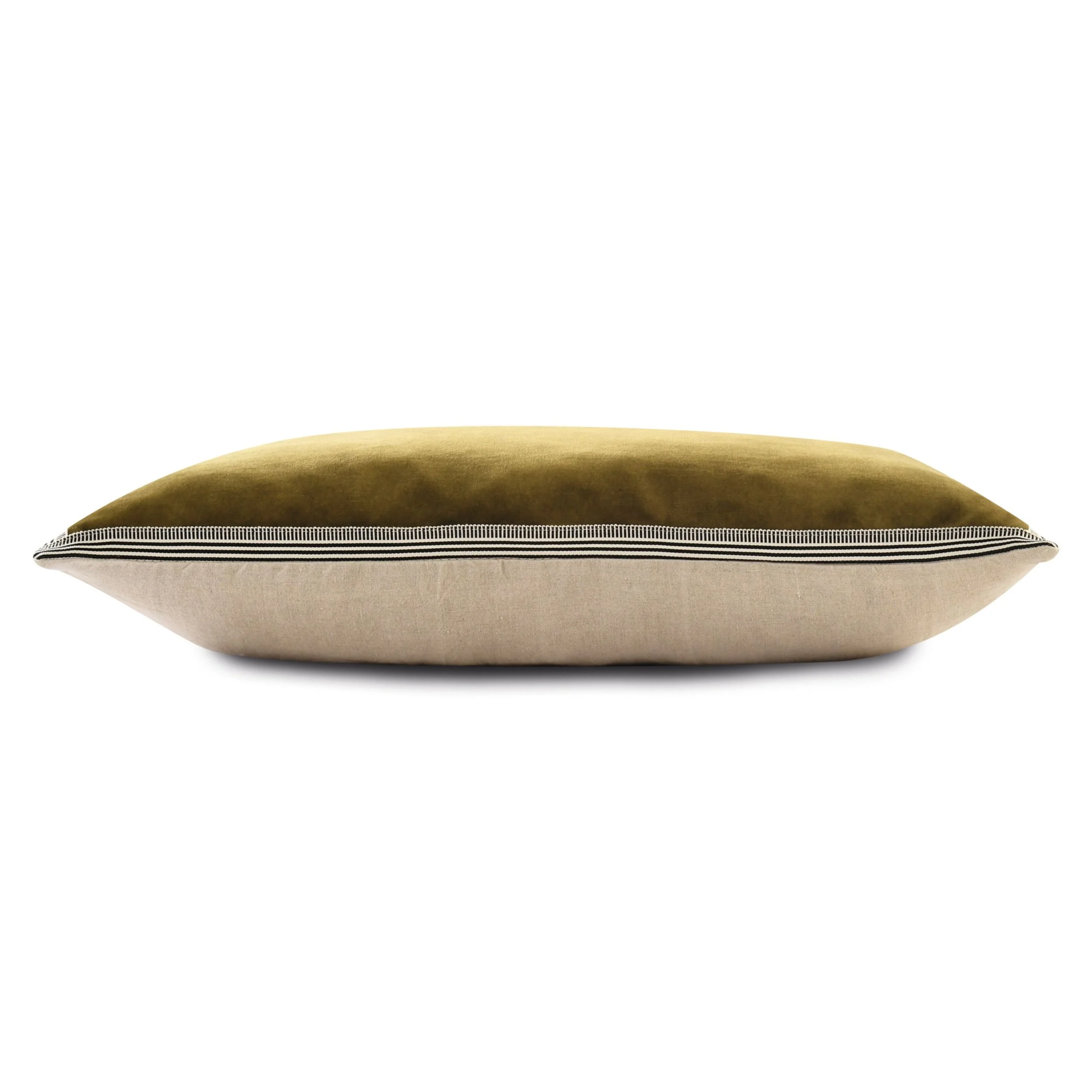Side view of a Maison Casamance Manade cushion showing the velvet front, braid edge and linen back