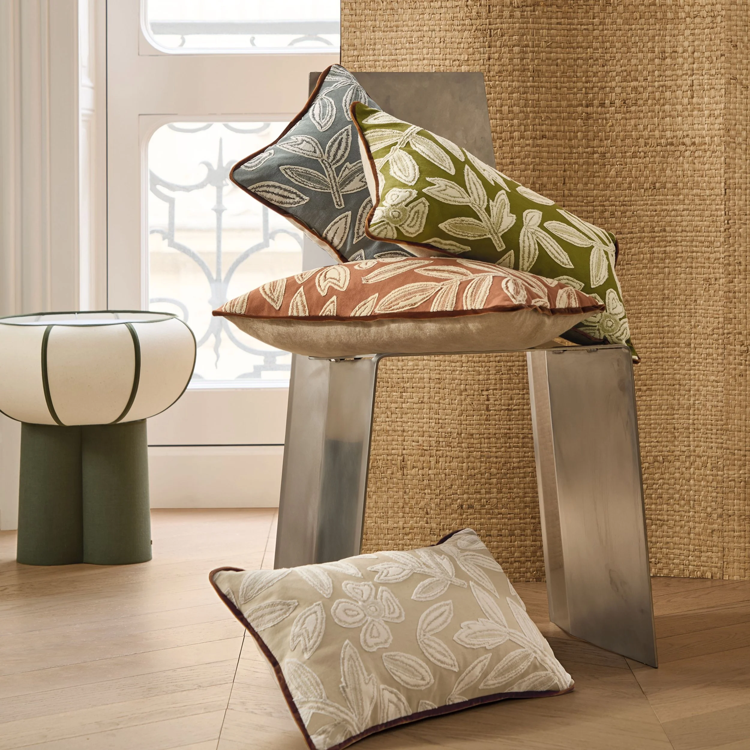 Casamance Forget Me Not cushions styled interior
