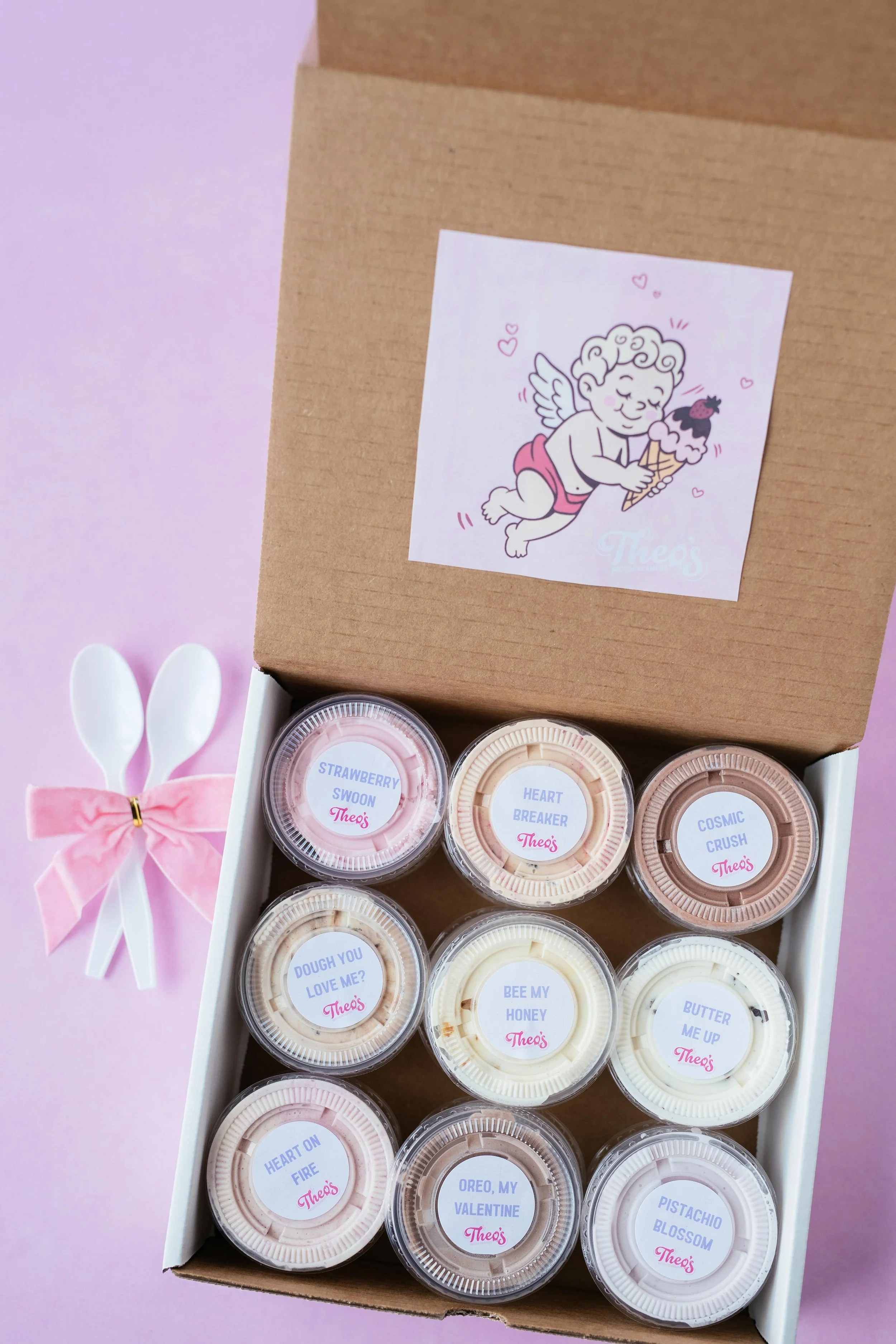 Ice cream date night box made with handcrafted flavors from Theo’s Microcreamery in Normal Illinois