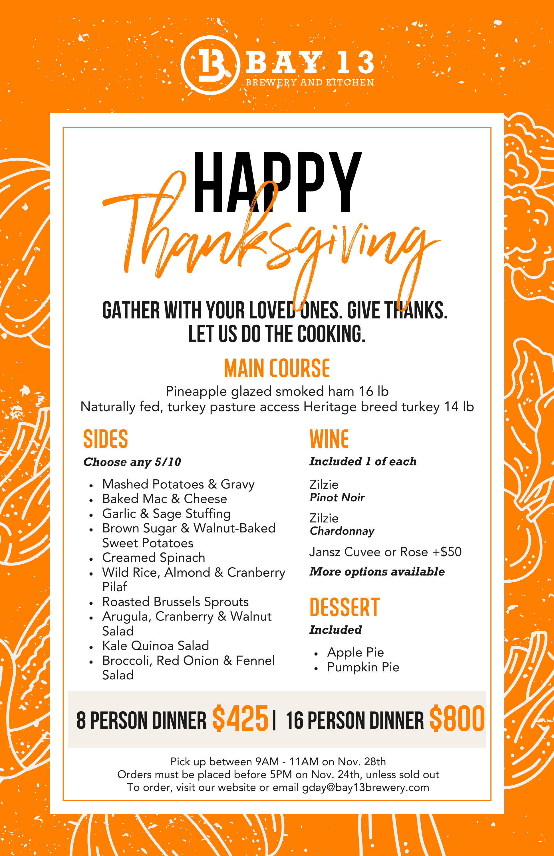 Bay 13 Thanksgiving menu offering dinner packages for 8 or 16 people, featuring main courses of ham and turkey, sides selection, wine options, and desserts like apple and pumpkin pie.