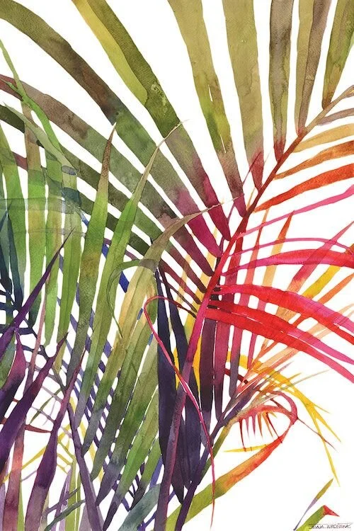 Watercolor painting of colorful palm leaves in green, purple, red, orange, and yellow.