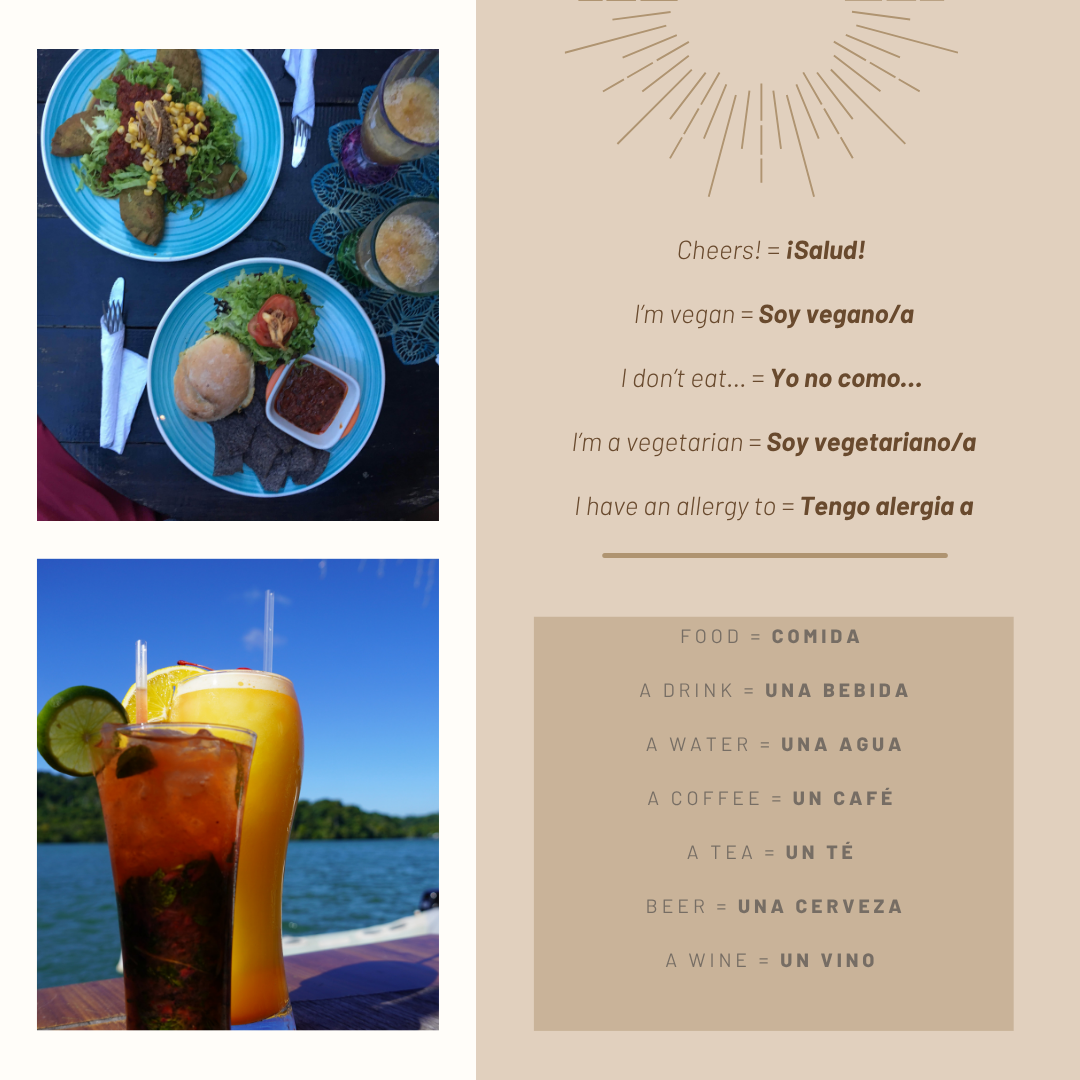 Pictures of food, drinks, and basic Spanish phrases for travel