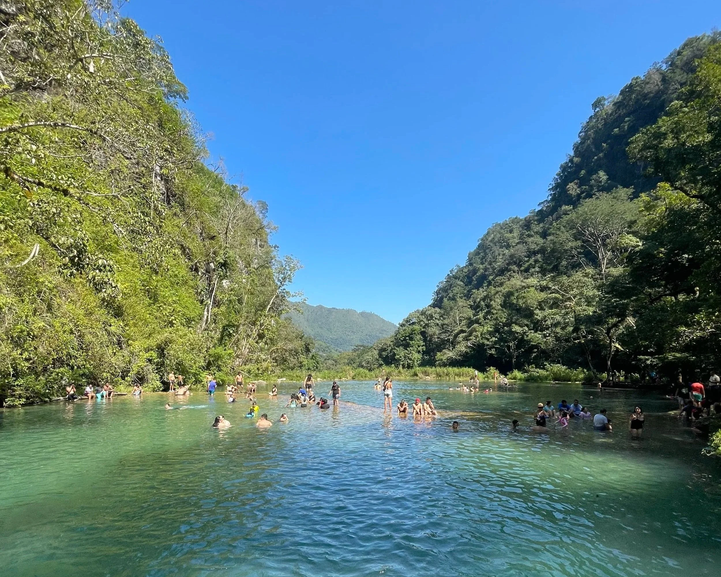 Groups of people are swimming in the turquoise pools in Semuc Champey, Guatemala