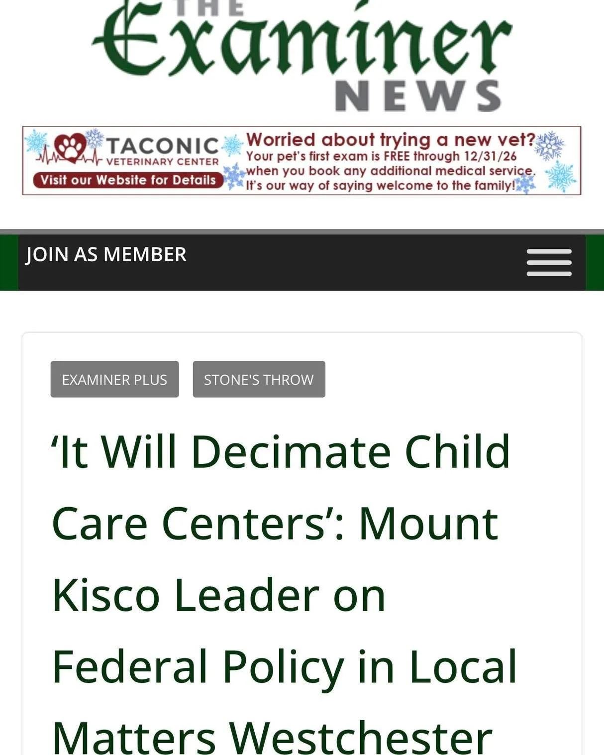 Thank you to the Examiner for their critical coverage of what the proposed funding freeze would mean for the availability of childcare in Westchester: &ldquo;I can tell you that the impact will be huge. It will decimate child care centers. They won&r