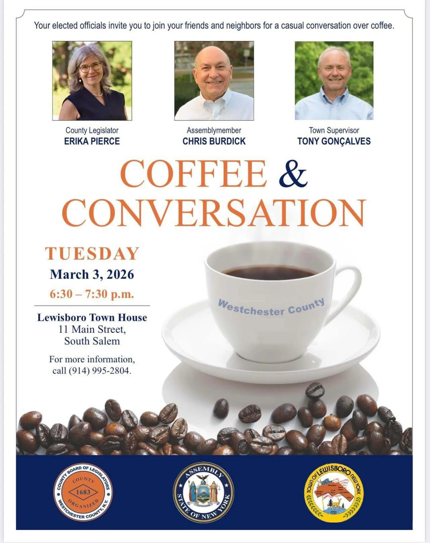 Join us in Lewisboro on Thursday, March 3 at 6:30pm! As always, you bring your questions and we&rsquo;ll bring the coffee. #coffeetalk #lewisboro #community @tgoncalves63 @assemblymemberburdick @townoflewisboro