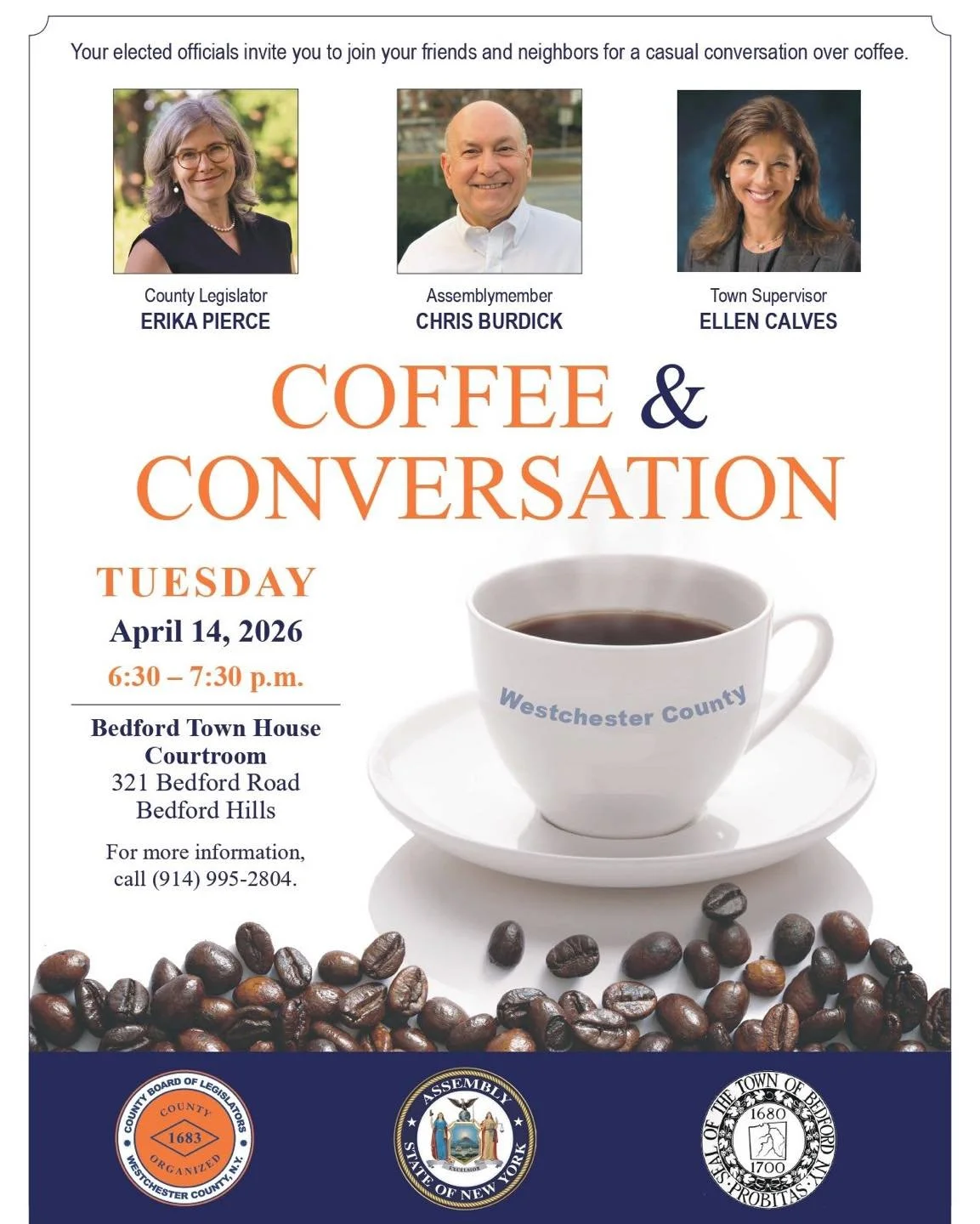 A reminder that we will be holding our Bedford Coffee and Conversation tomorrow night, Tuesday,  at the Bedford  Town House starting at 6:30pm.  I hope to see you there.

 #westchester #localgovernment #community #bedfordny