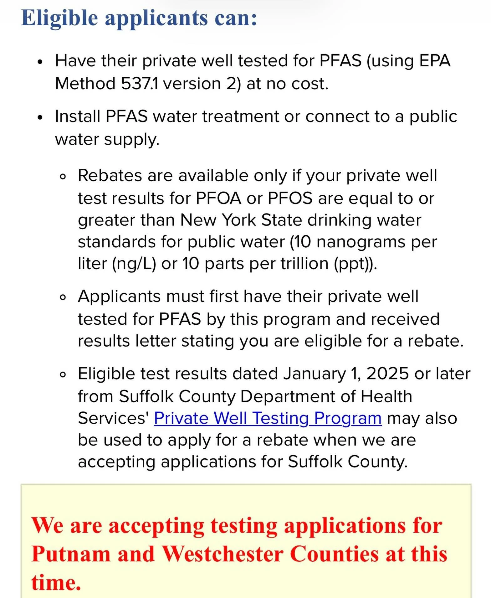 Do you have a private well, and are concerned about PFAS contamination? There is a new New York State pilot program, which might help and Westchester applications have gone live! Eligible residents and businesses can now apply for free PFAS testing a