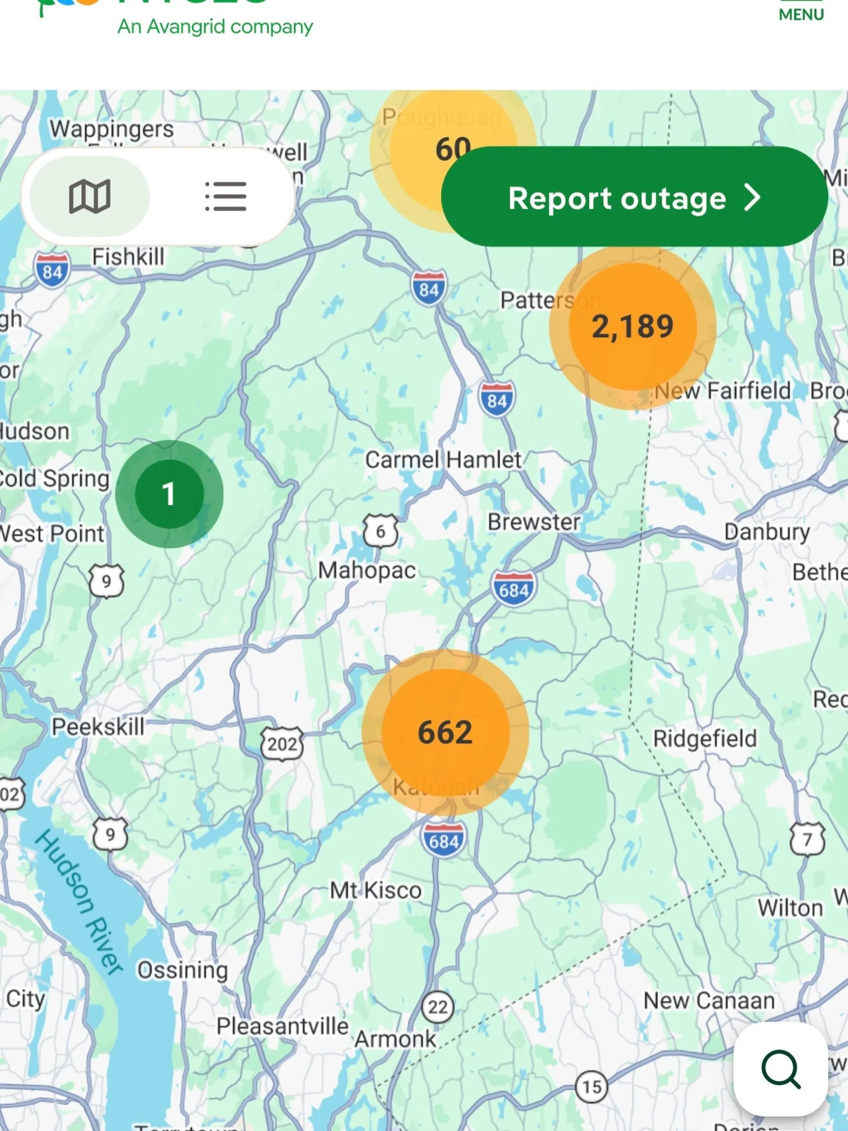 NYSEG is currently reporting 662 outages in Westchester, the bulk of which are in Lewisboro and Pound Ridge.  Wind is still blowing, so new outages are definitely a possibility. If you have no power but your street is not listed, please contact Nyseg