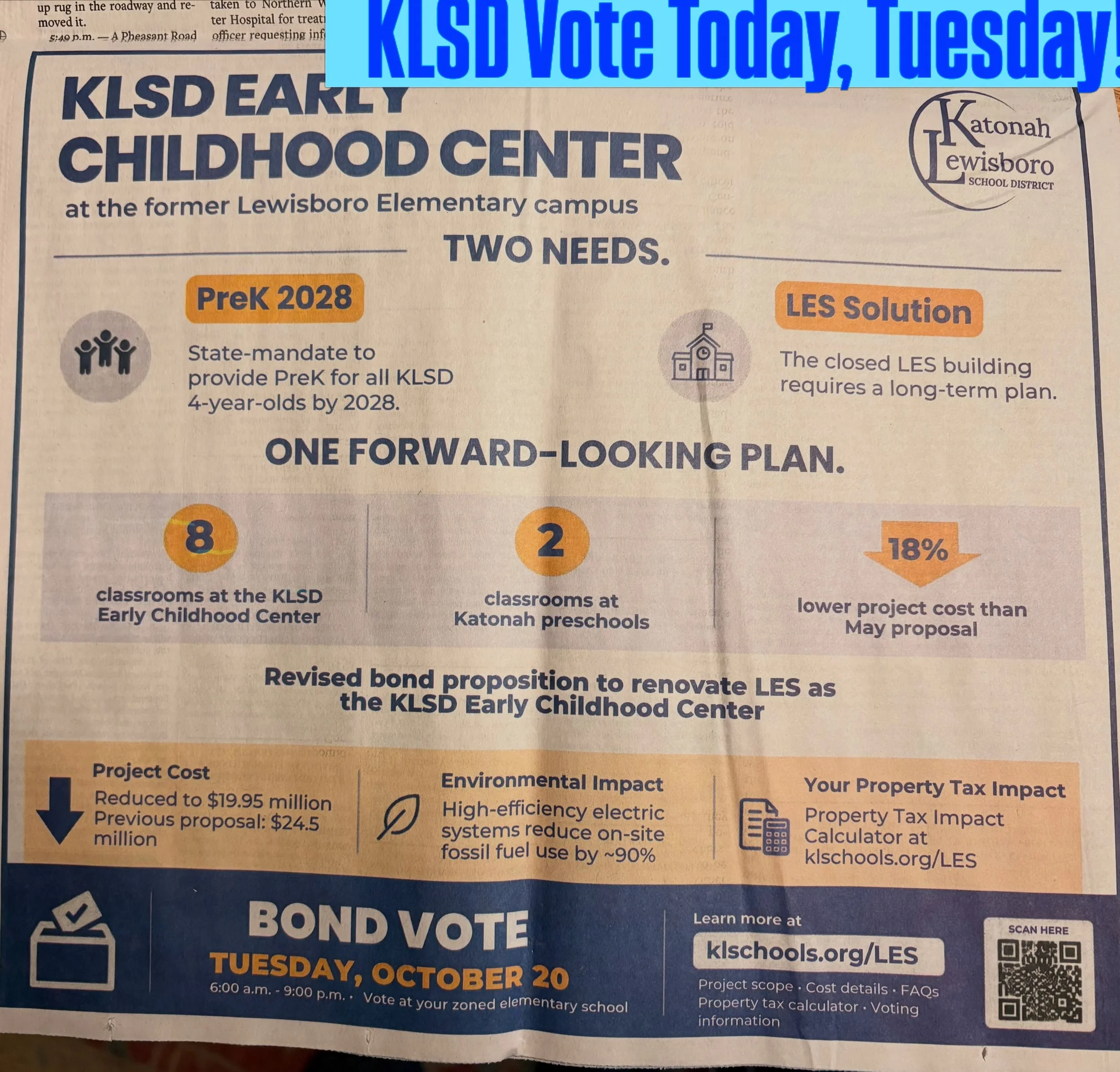 If your community is served by the KLSD School District, you have an important vote today, Tuesday, 10/20! Have your voice heard on this crucial infrastructure and support families for years to come.