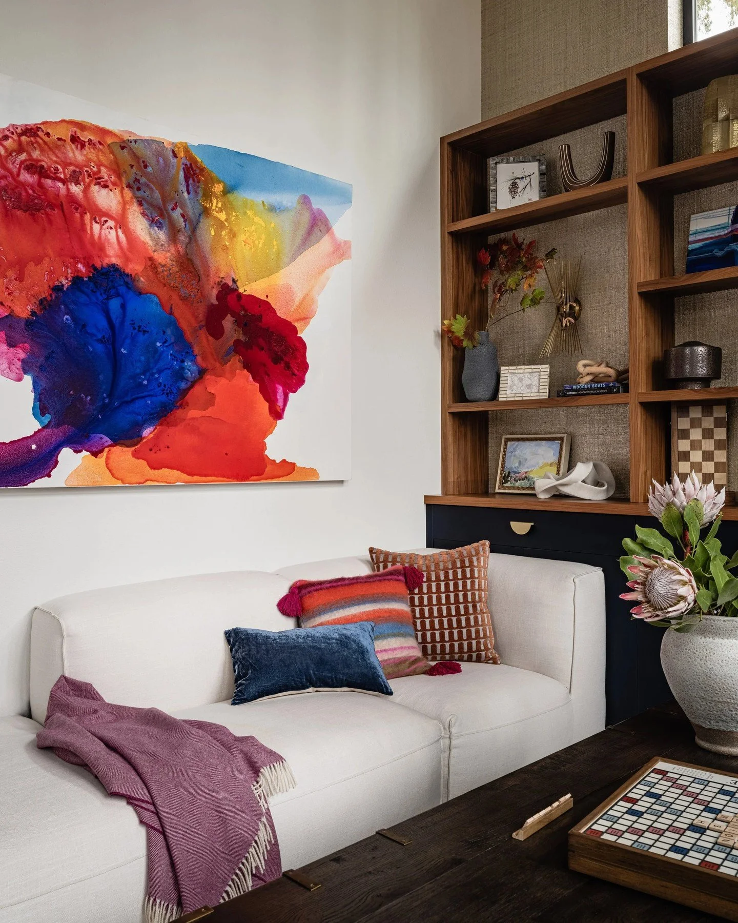 Tired of basic, blah, and boring? Infuse any space with LIFE with bold, eye-catching artwork and fun throw pillows. Because it&rsquo;s impossible not to smile when you&rsquo;re in a fun room like this 🤗#EmilyLaMarqueDesign⁠
⁠
Photography by @_karame