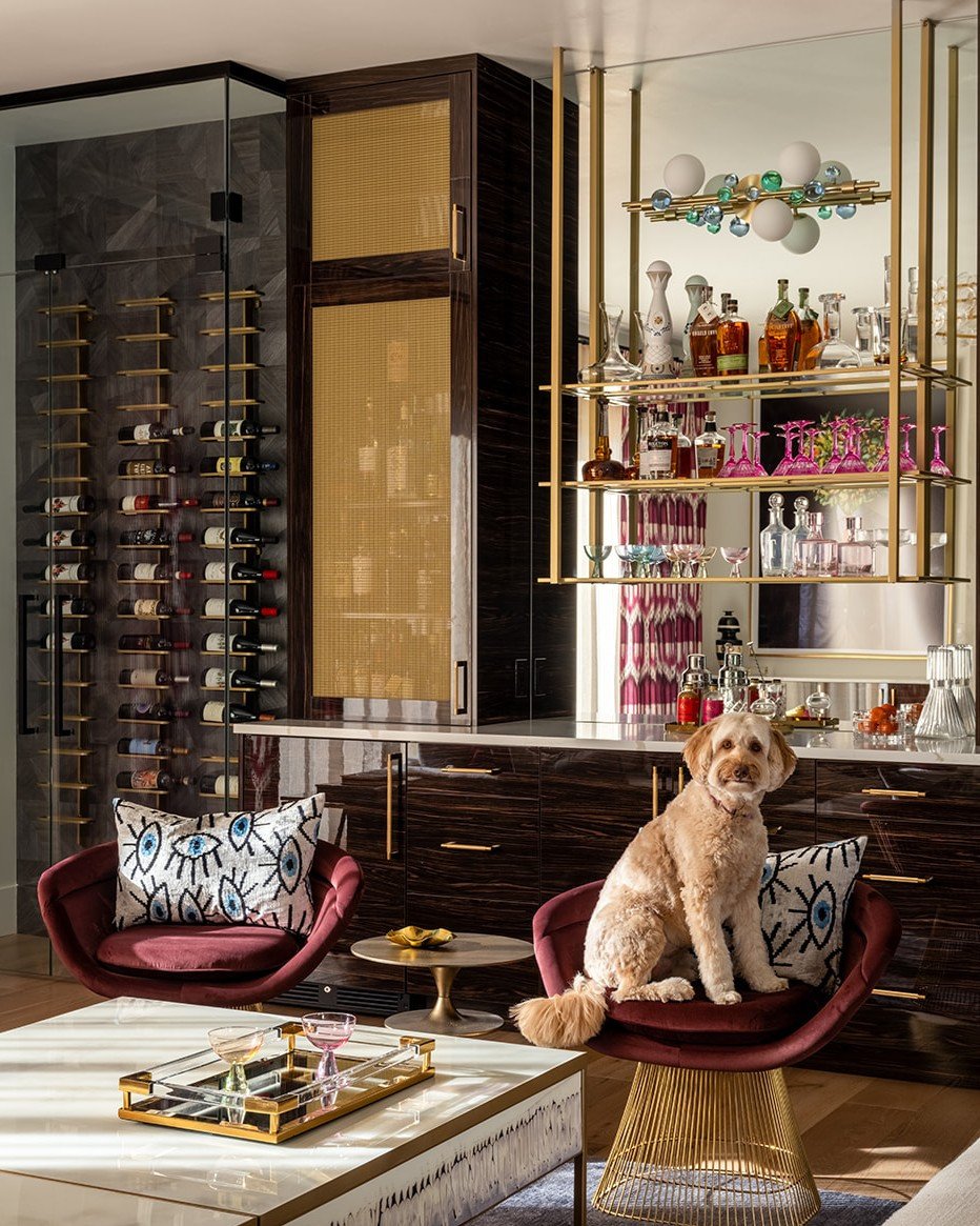 Cocktails from the most gorgeous home bar, with a side of your favorite pup. What more could you ask for? This bar and wine storage area brings luxe vibes and plenty of sophistication to this stunning Bellevue project recently completed just outside 