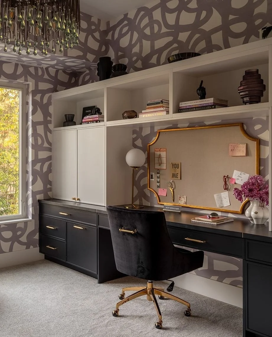This office combines bold patterns, thoughtful storage, and soft textures to create a room that feels equal parts productive and expressive. A reminder that practical spaces can still have personality 🤩 #EmilyLaMarqueDesign⁠
⁠
⁠
Photography by @_kar