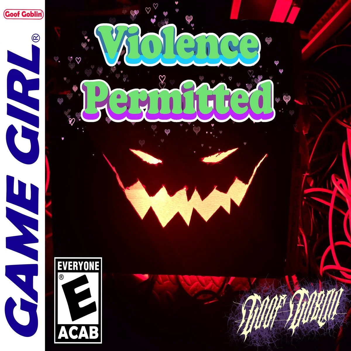 A Halloween-themed neon light display with a sinister face and glowing eyes, surrounded by small heart-shaped designs. Overlaid text reads 'Violence Permitted', with additional branding and rating information on the sides.