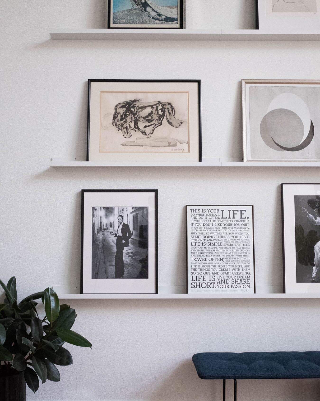 Not normally a commitment-phobe, but when it comes to drilling into walls I have a hard time making decisions - they just seem so final! In the loft, I installed a series of picture ledges that allowed me to arrange and rearrange to my heart's conten