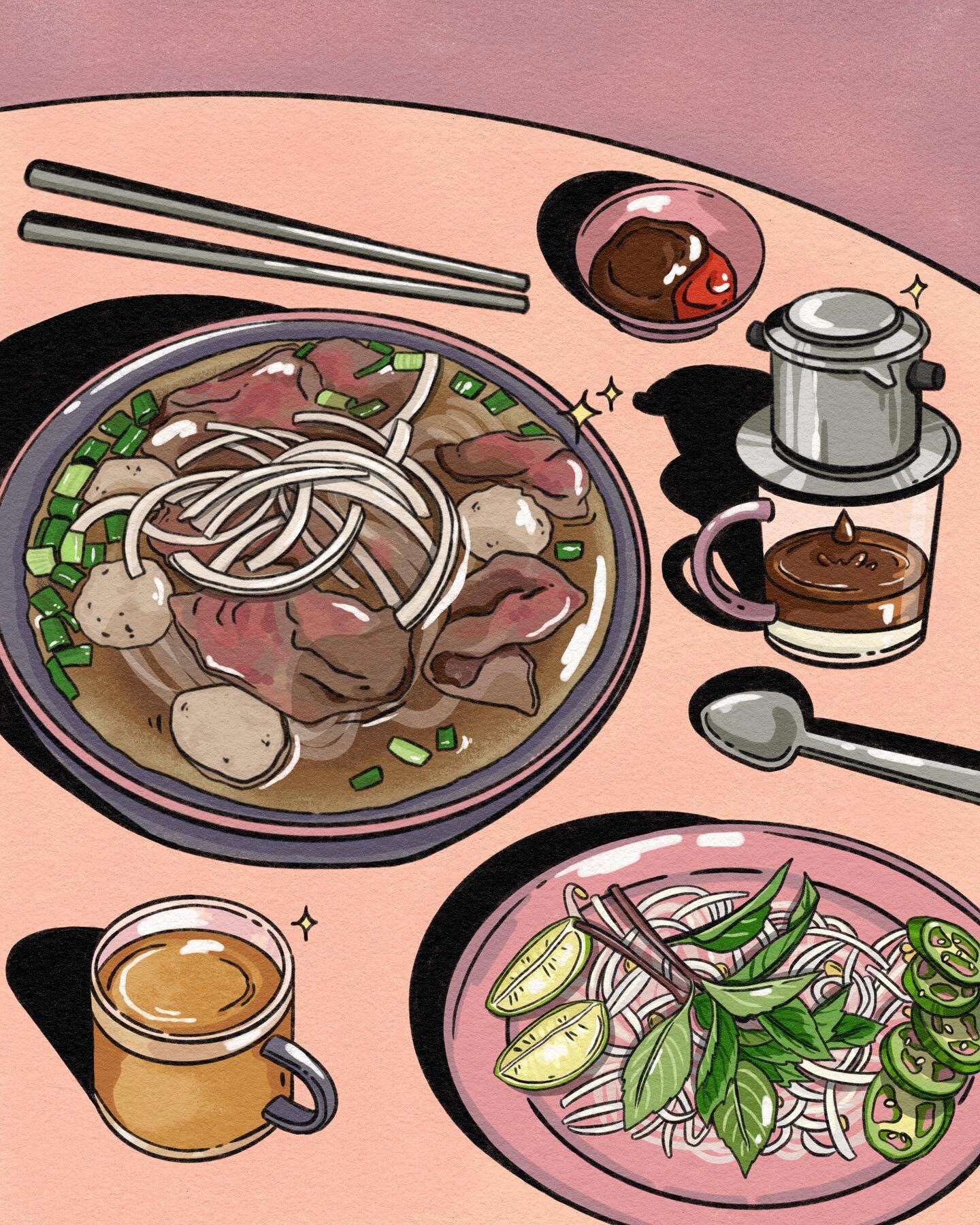 There is nothing quite like eating a hot bowl of pho on a rainy day 🌧️ When paired with Vietnamese coffee, I think it makes the perfect comfort meal!

This illustration was so fun to create and is coming back in greeting card form as one of my my PH