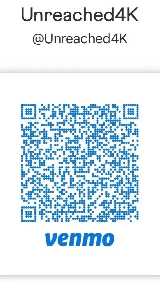 A donation QR code for Unreached4K on Venmo, with the username @Unreached4K, and the Venmo logo at the bottom.