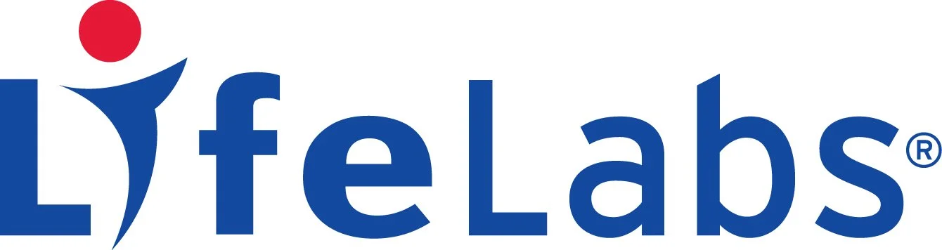 LifeLabs logo featuring stylized blue text with a red dot above the "i"