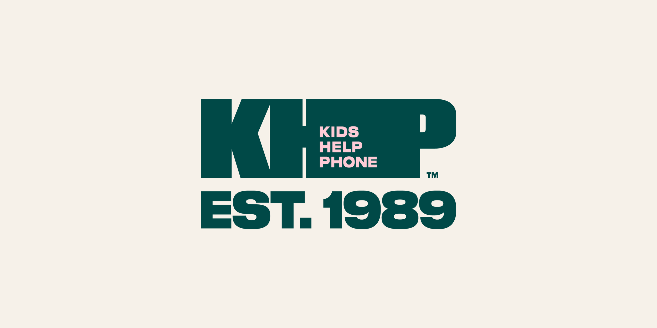 Logo for Kids Help Phone, established in 1989, with large dark green text and pink text Against a light background.