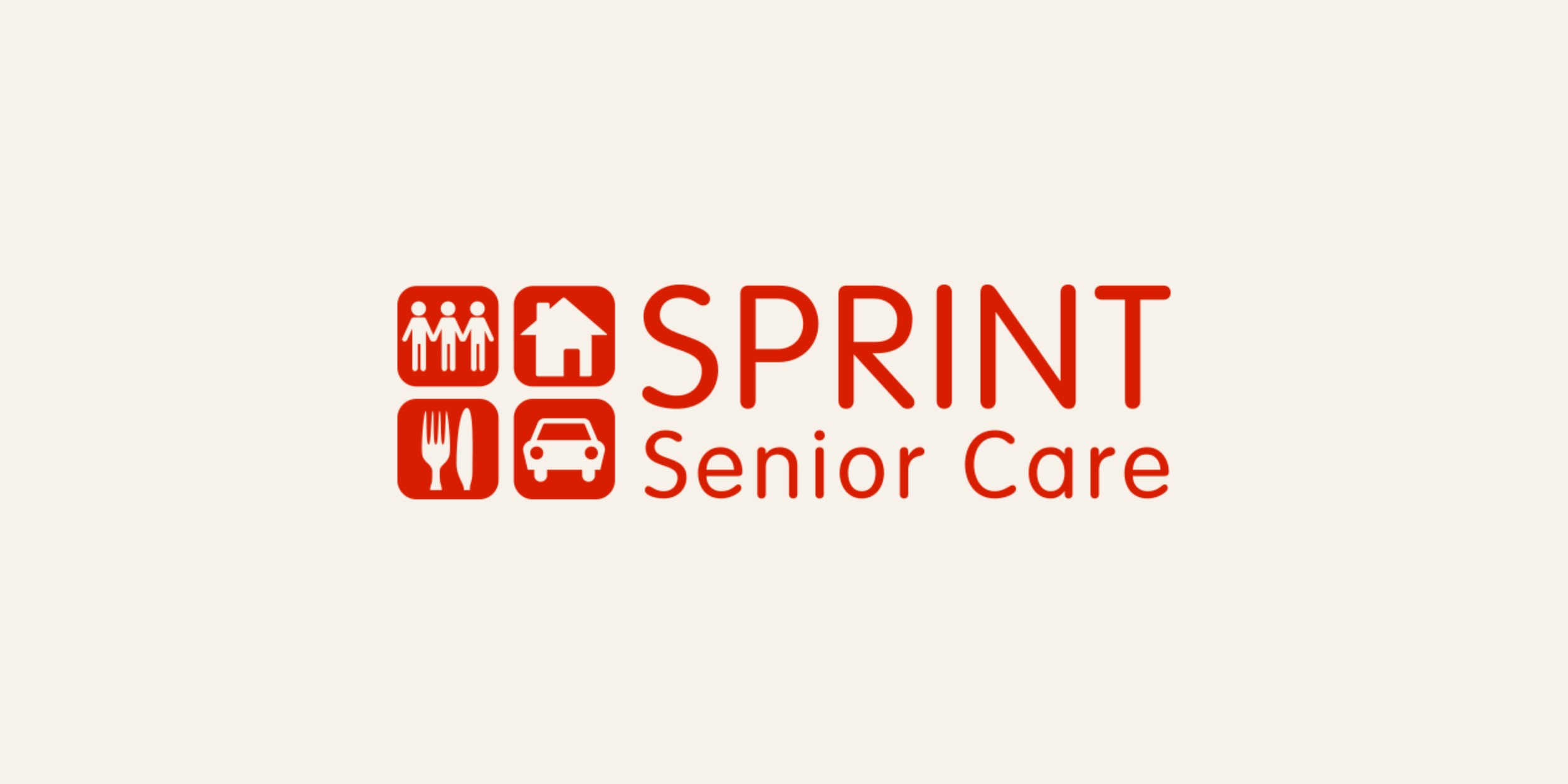 Logo for Sprint Senior Care featuring icons of three people, a house, a fork and knife, and a car, with the text 'Sprint Senior Care'.