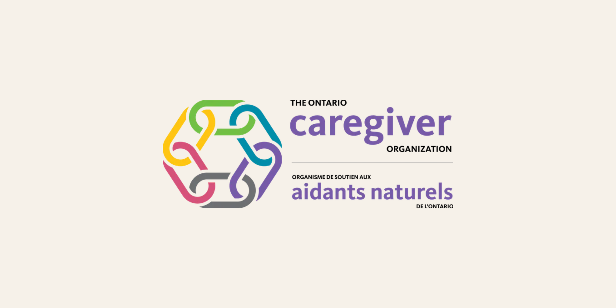 Logo of The Ontario Caregiver Organization with multicolored interconnected chain links and text in English and French.