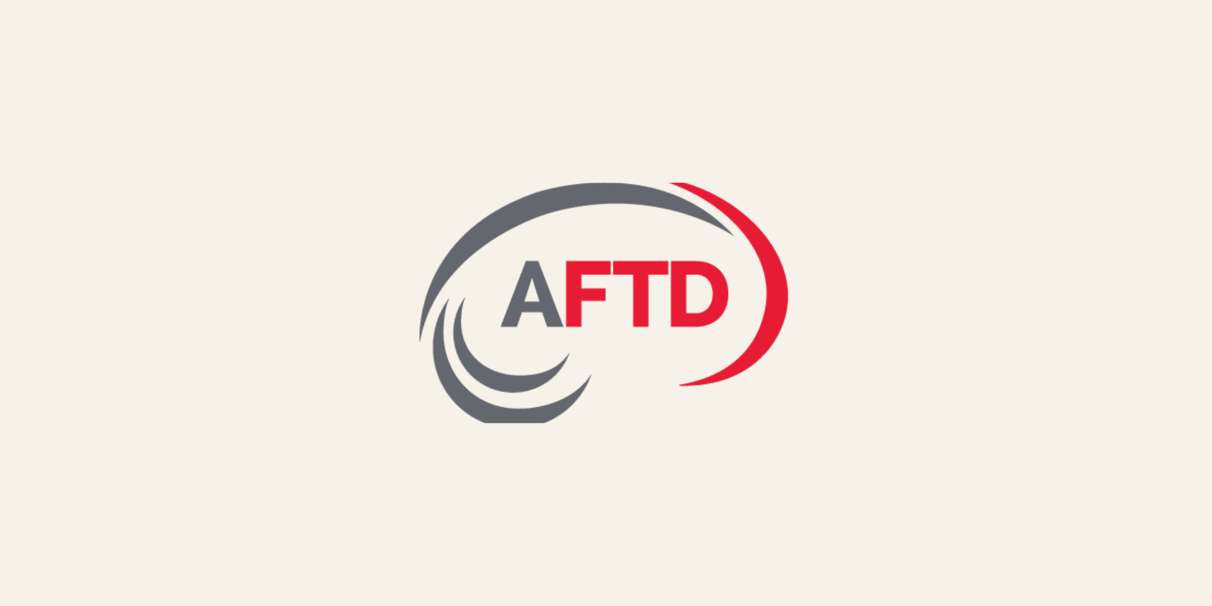 Logo with the text "AFTD" in gray and red, encircled by black and red swoosh designs.