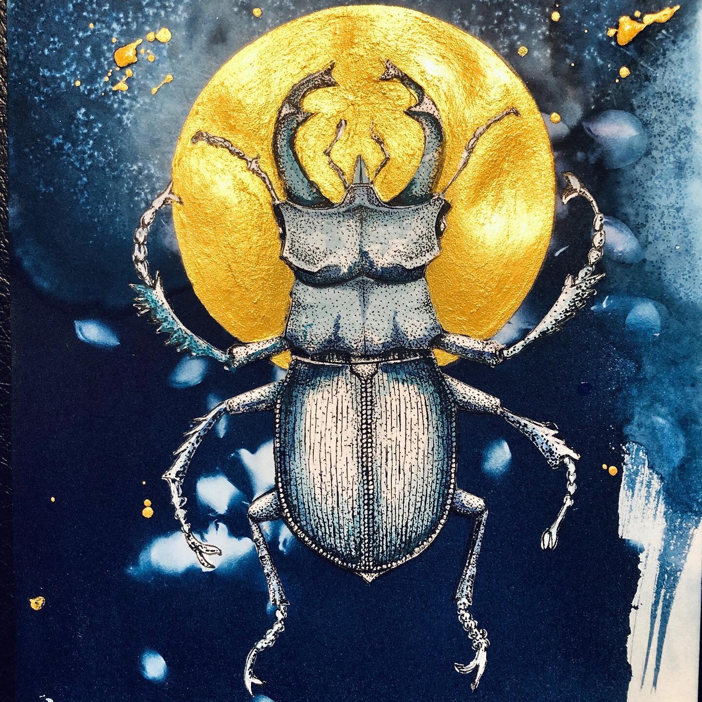 &ldquo;Reborn and awake to life&rdquo; mix media art- collage - drawing - cyanotype - acrylic paint #scarab&eacute;e #cyanotype #gold #beetle #scarab #magic