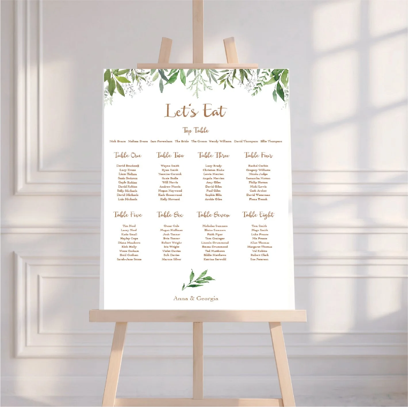 Foliage Design Seating Plan With Gold Text - other text colours available