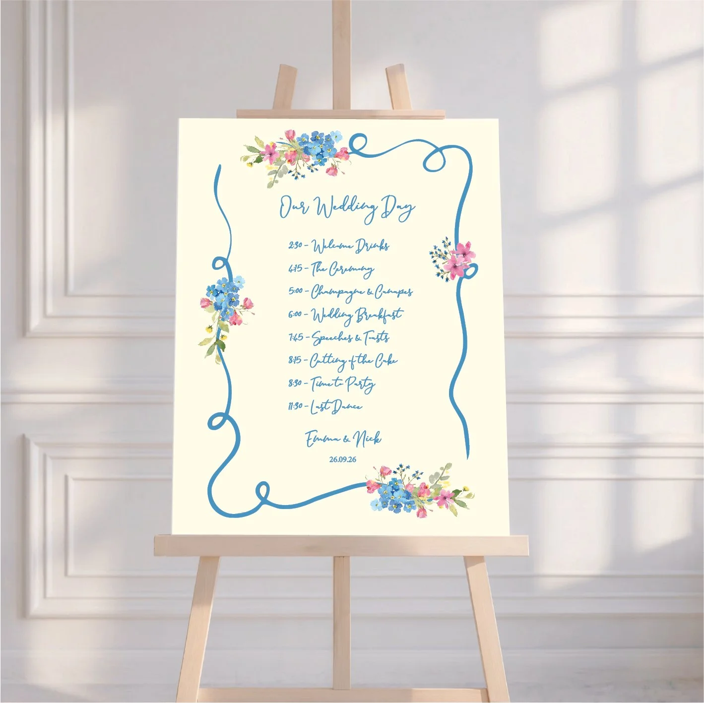 Floral Design With Bow Border On Oyster Background Wedding Timeline Sign - other colours available