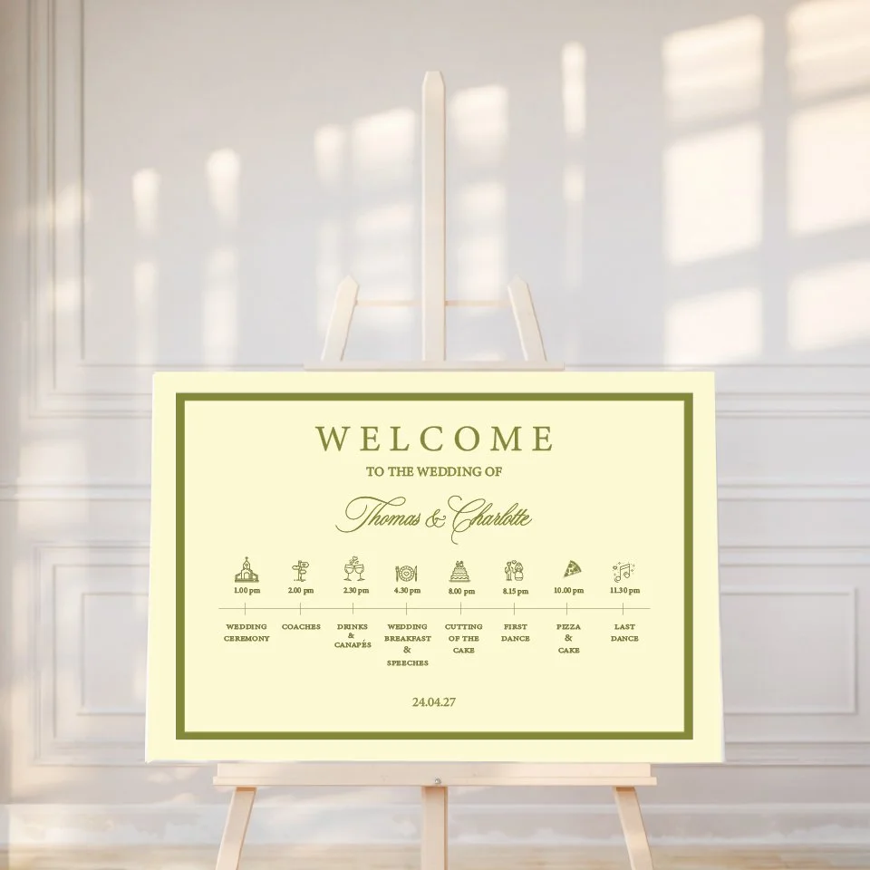 Stylish Olive & Cream Wedding Timeline Sign - available in other colours