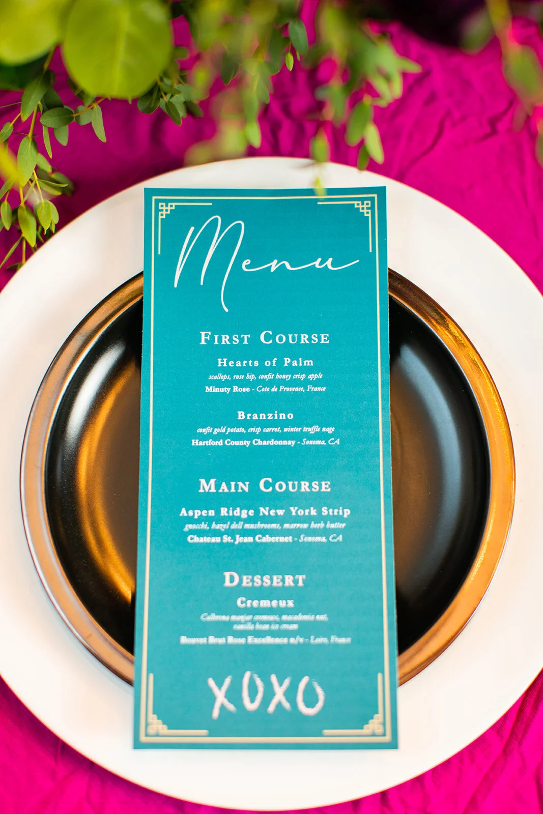 Menu for a Valentine's Day elopement dinner