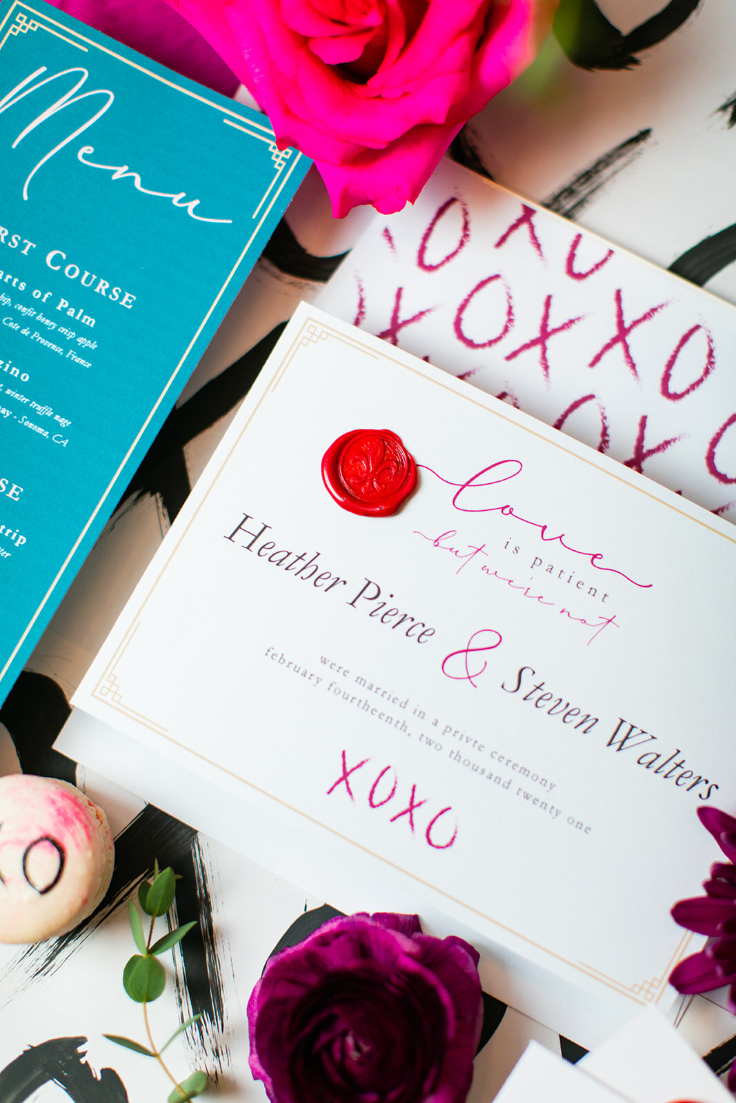 Close up of custom elopement announcement card