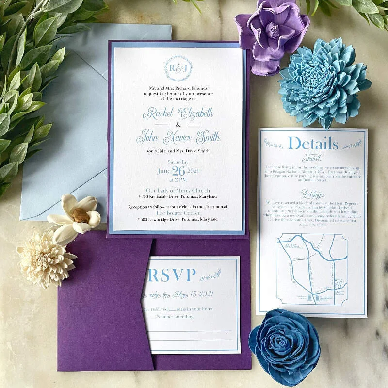 Blue and purple custom wedding suite with a panel pocket and layered invitation