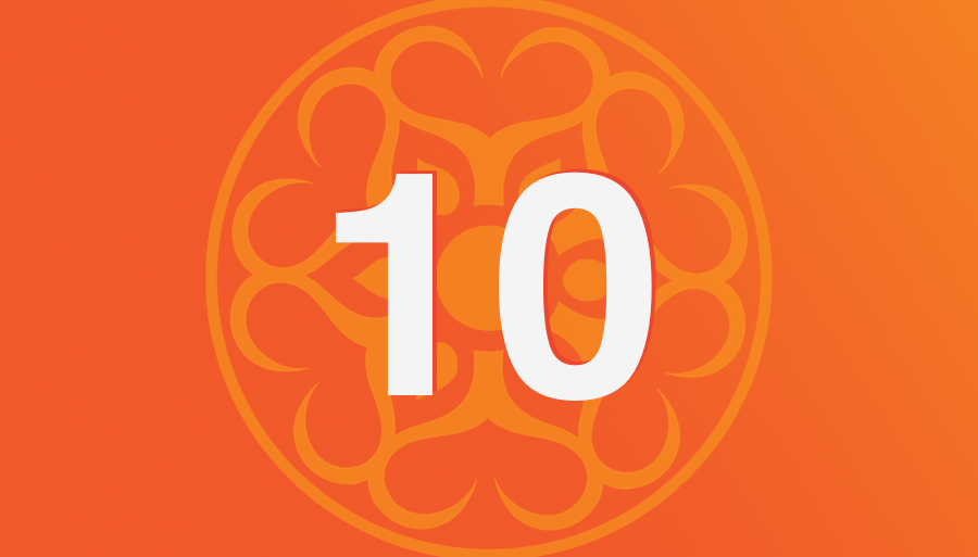 Number 10 over an orange background with a circular decorative design.