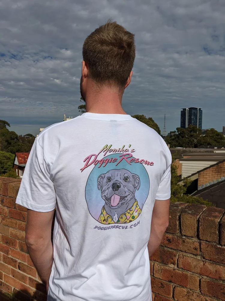 Back view of the white tee showing the back print