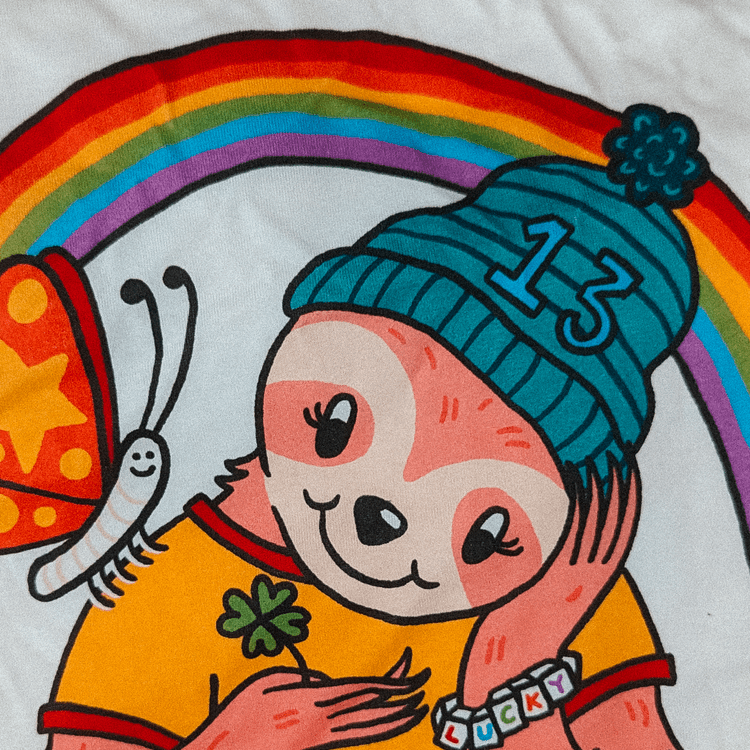 Close-up of a full-colour character print on a T-shirt